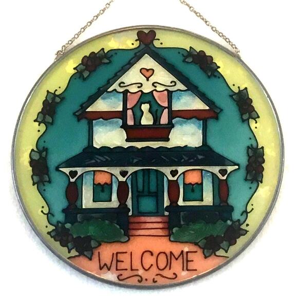 Joan Baker Welcome Suncatcher Window Home Cat Flowers Hearts - Picture 1 of 5